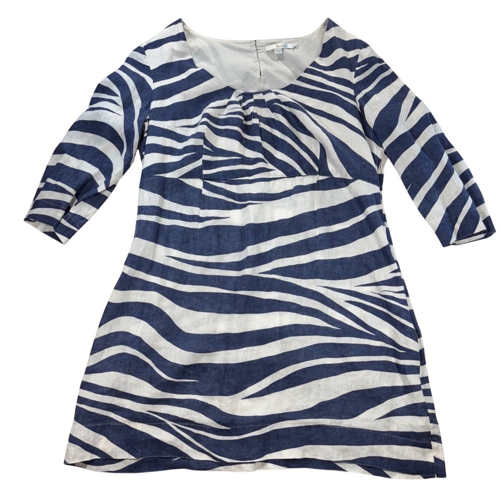 Boden 14‎ 100% Linen Blue White Zebra Print Boho 3/4 Sleeve Dress